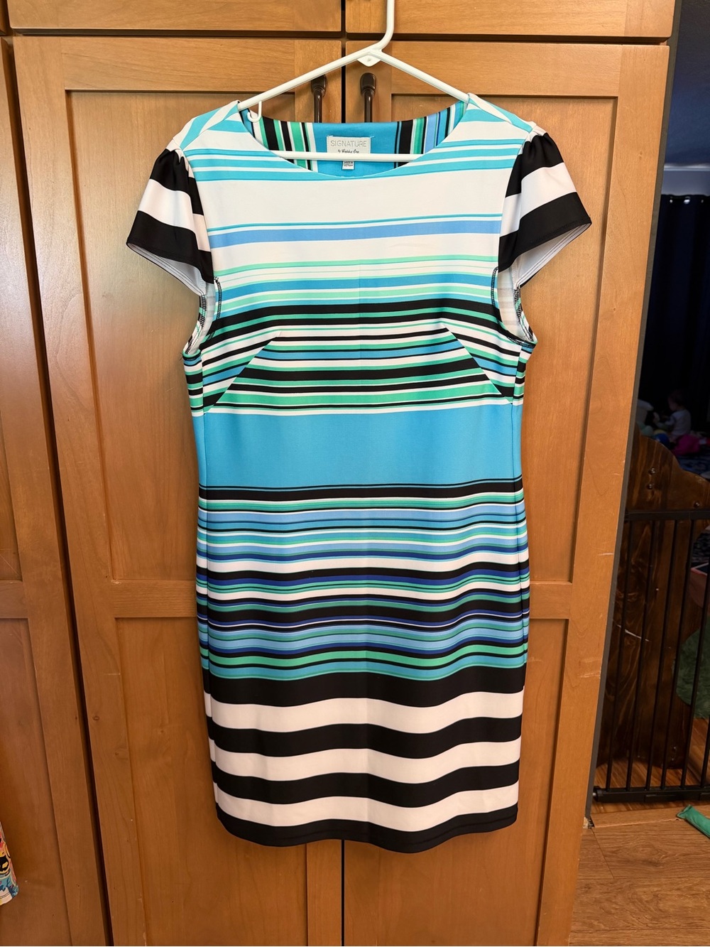 Robbie Bee Teal, Black & White Striped Midi Dress